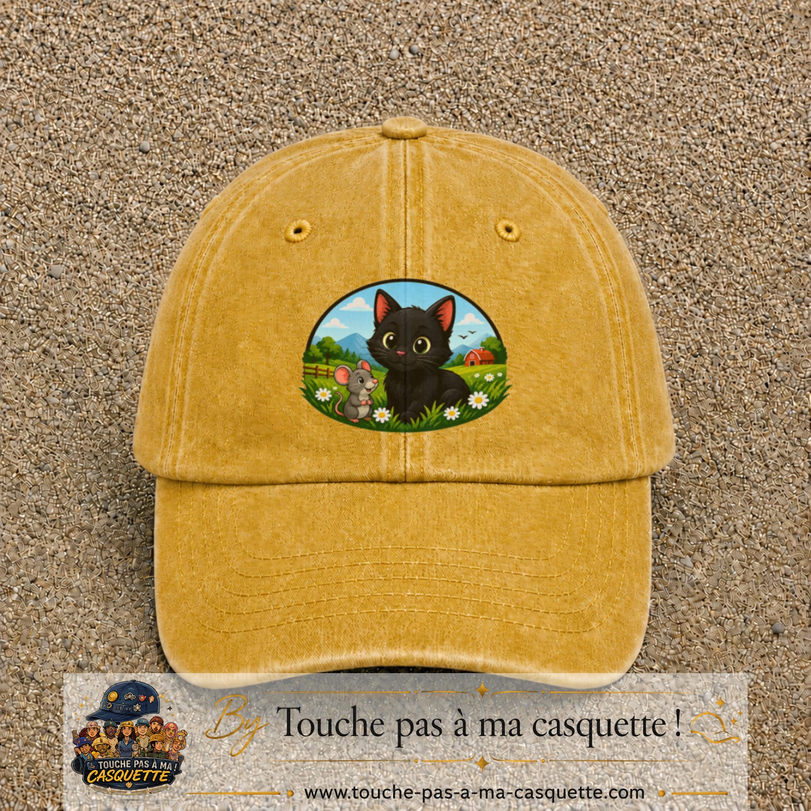 Casquette baseball Jaune délavé - Moutarde délavé 100% coton avec visuel Chat et souris à la ferme 7 cm - image produit principale