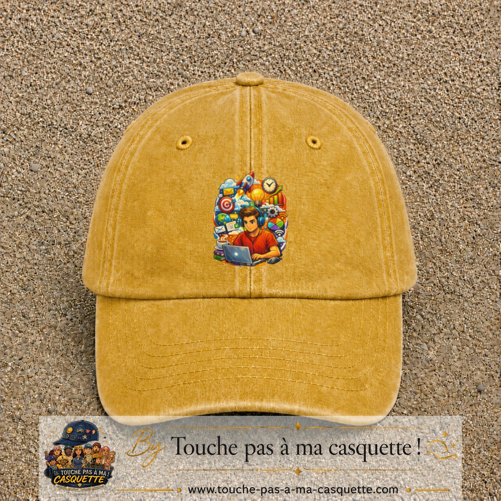 Casquette Jaune délavé - Moutarde délavé 100% coton avec motif Créateur digital au laptop 7 cm - image principale