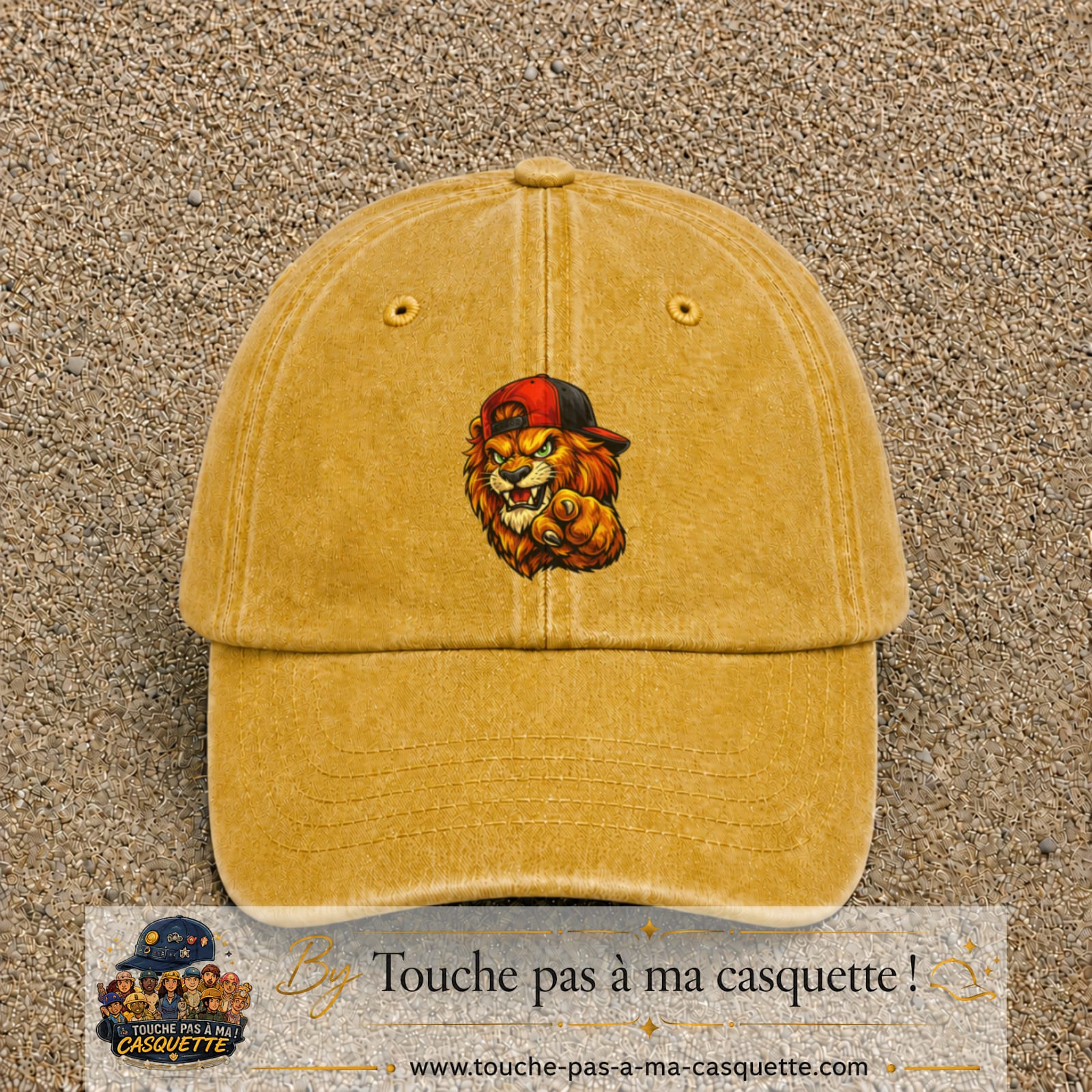 Casquette Jaune délavé - Moutarde délavé 100% coton avec motif Lion casquette street 7 cm - image principale