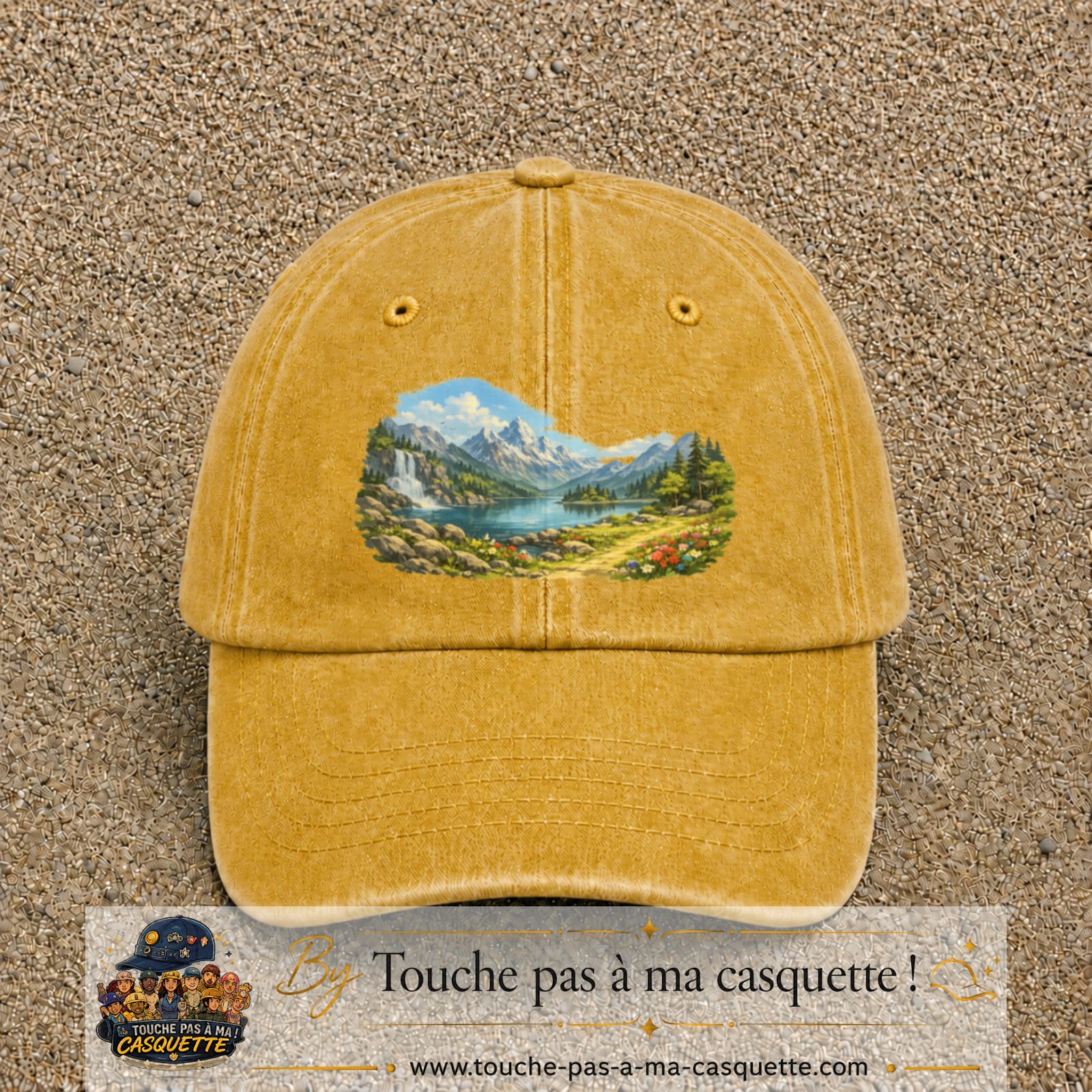 Casquette baseball Jaune délavé - Moutarde délavé 100% coton avec motif Paysage montagne lac 7 cm - image principale