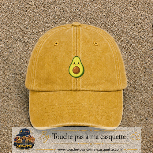Casquette baseball Jaune délavé - Moutarde délavé 100% coton avec visuel Avocat kawaii 5 cm - image produit principale