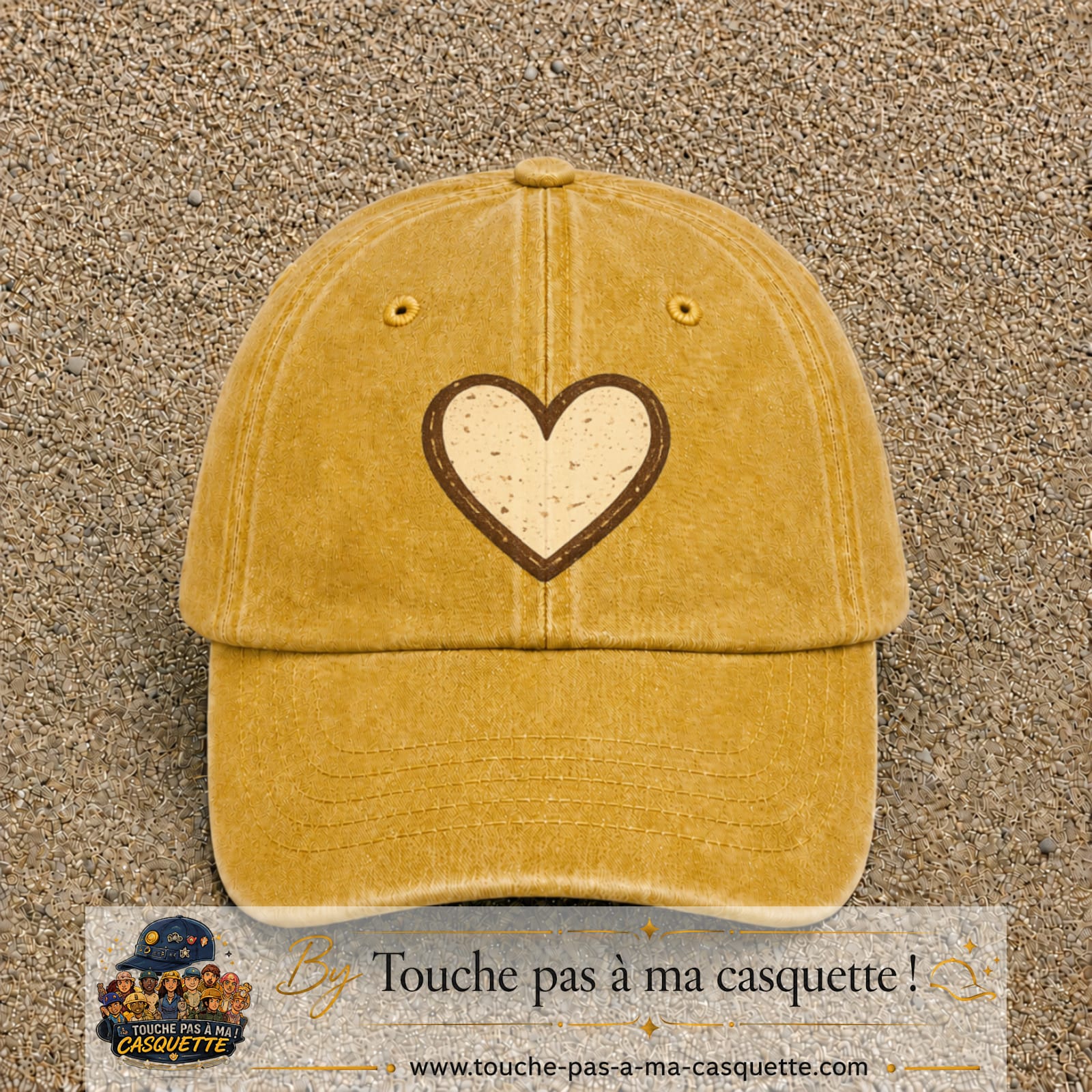 Casquette Jaune délavé - Moutarde délavé 100% coton avec motif Cœur bohème 7 cm - image principale