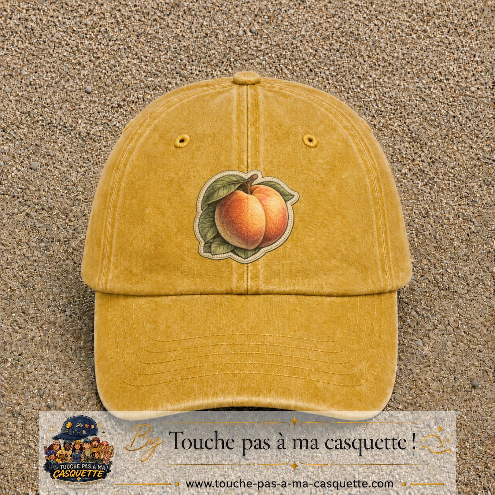 Casquette Jaune délavé - Moutarde délavé motif Pêches fruitées 7 cm - vue principale