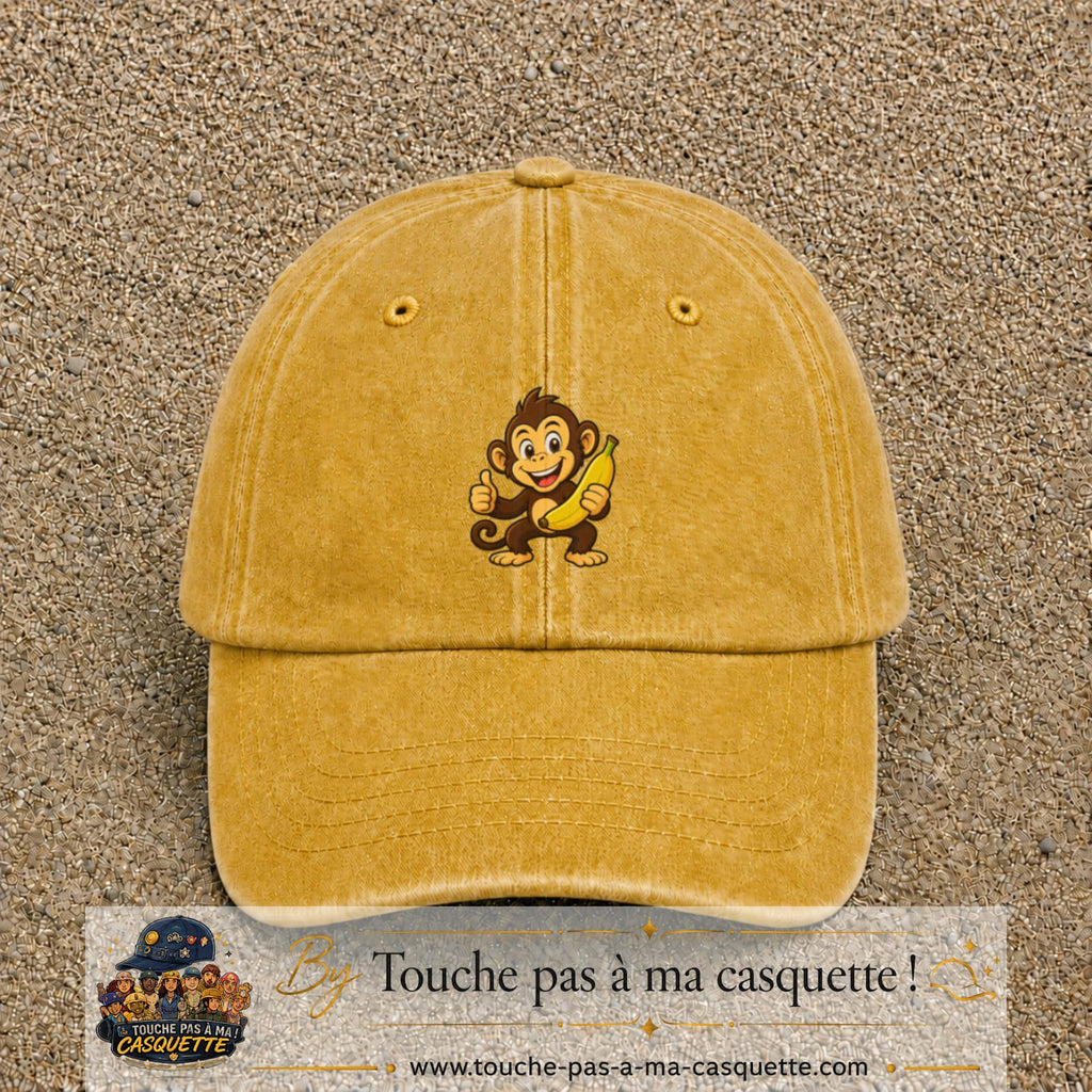 Casquette baseball Jaune délavé - Moutarde délavé 100% coton avec motif Singe à la banane 5 cm - image principale
