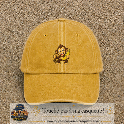 Casquette baseball Jaune délavé - Moutarde délavé 100% coton avec motif Singe à la banane 5 cm - image principale