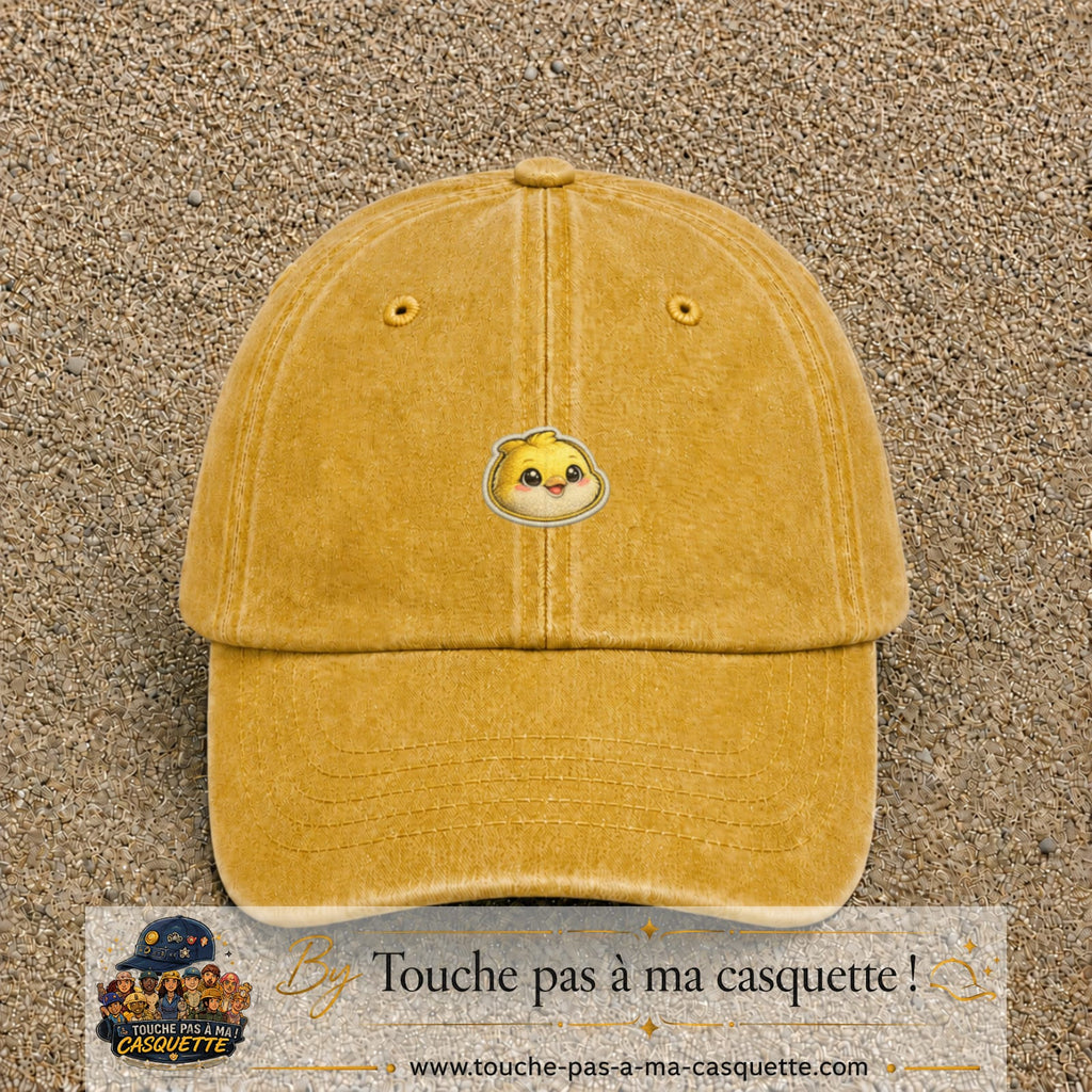 Casquette Jaune délavé - Moutarde délavé motif Poussin joyeux 3 cm - vue principale