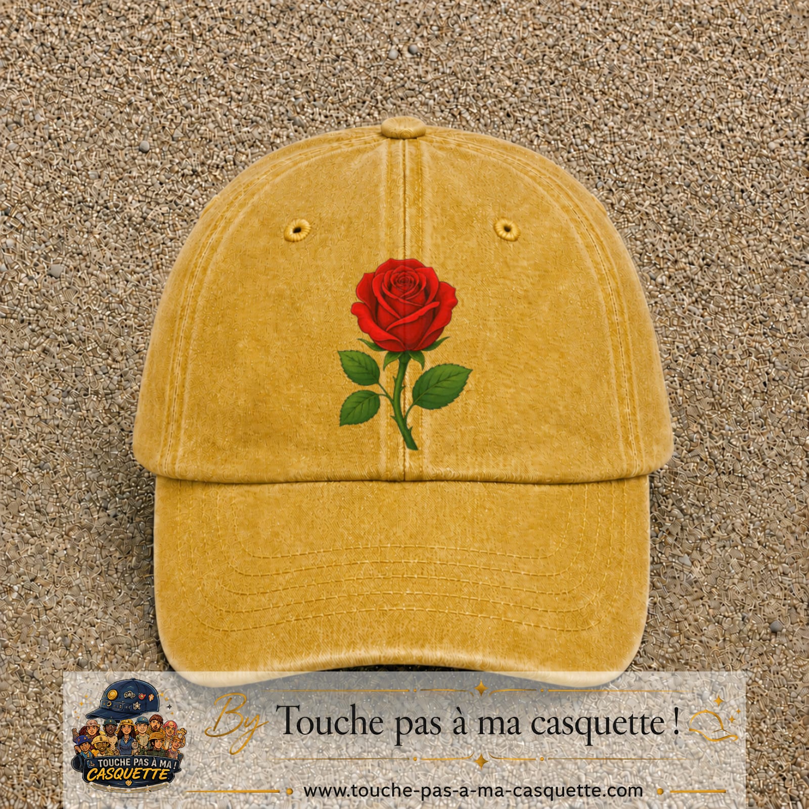 Casquette baseball Jaune délavé - Moutarde délavé 100% coton avec motif Fleur de rose 7 cm - image principale