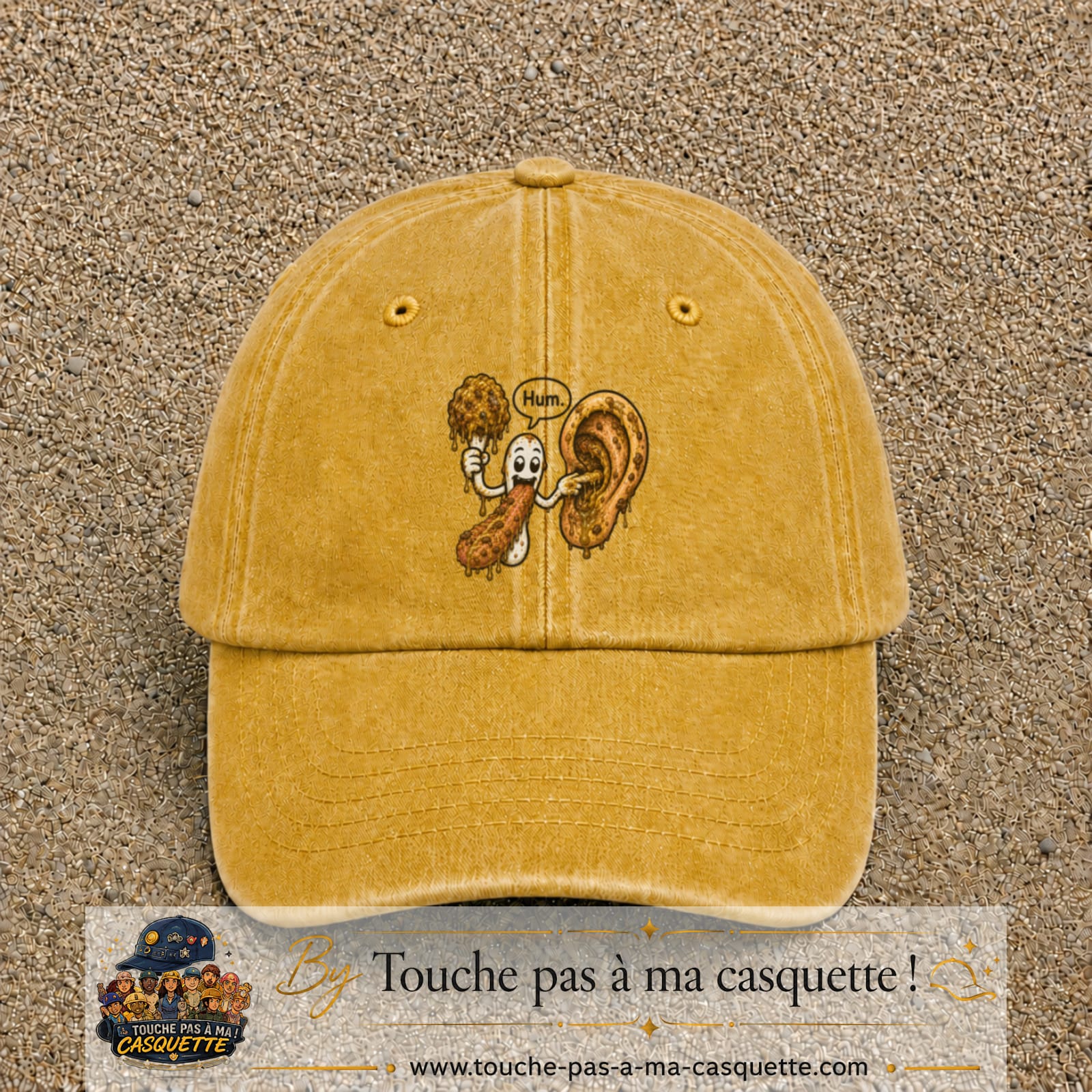 Casquette baseball Jaune délavé - Moutarde délavé 100% coton avec visuel Oreille gourmande 7 cm - image produit principale