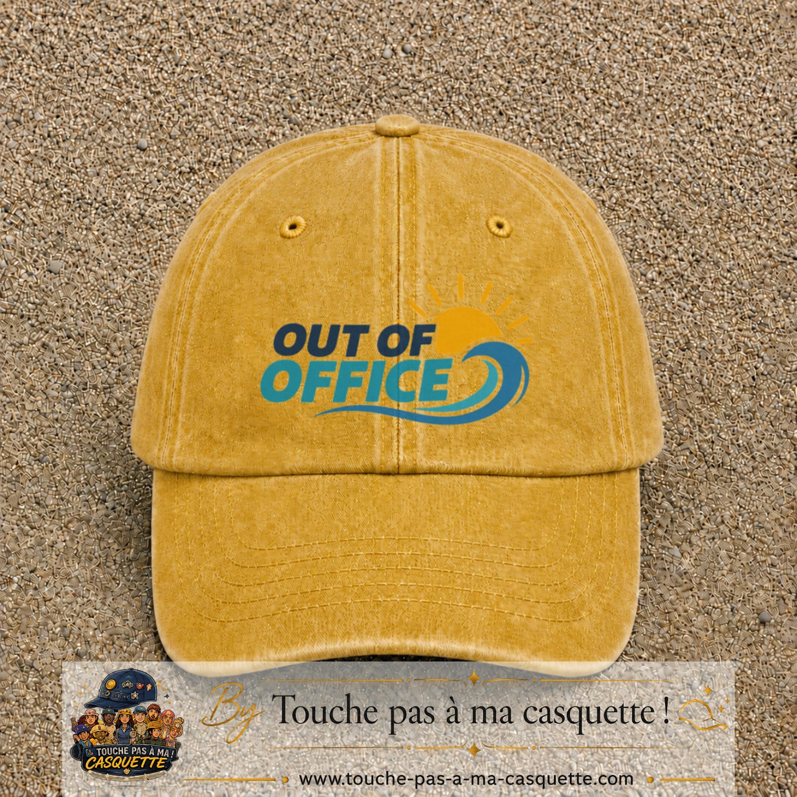 Casquette Jaune délavé - Moutarde délavé 100% coton avec motif Out of Office vague soleil 7 cm - image principale