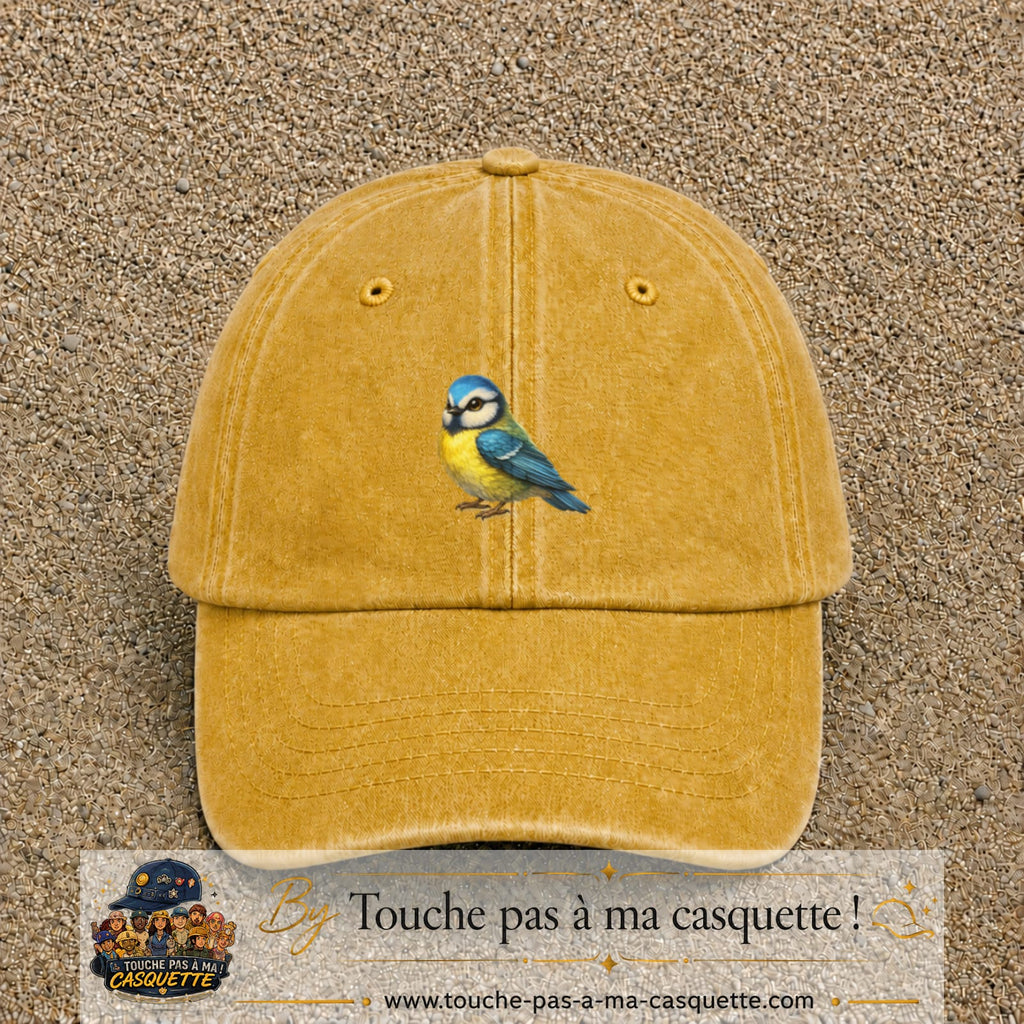 Casquette baseball Jaune délavé - Moutarde délavé 100% coton avec visuel Mésange bleue 5 cm - image produit principale