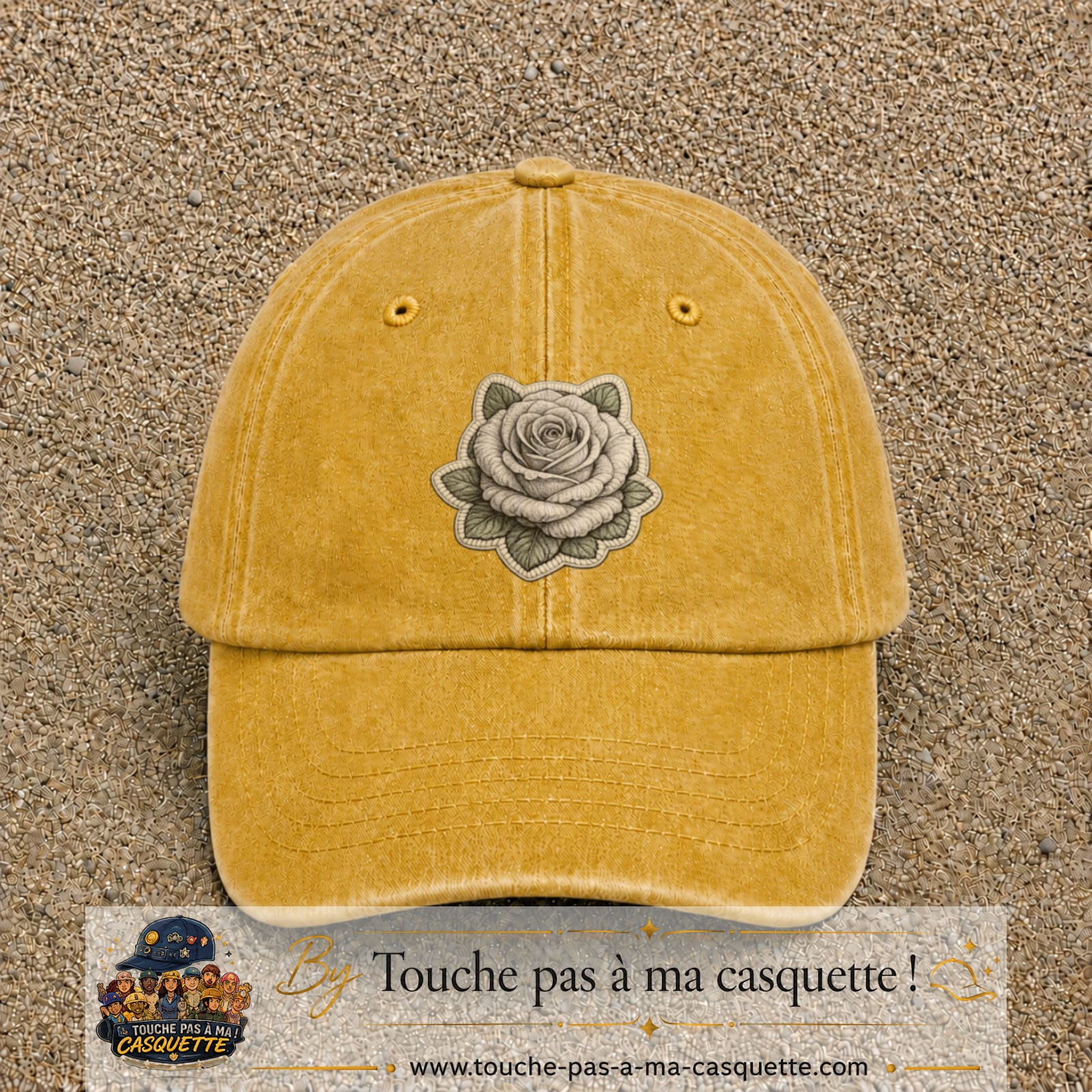 Casquette Jaune délavé - Moutarde délavé motif Rose grise 7 cm - vue principale
