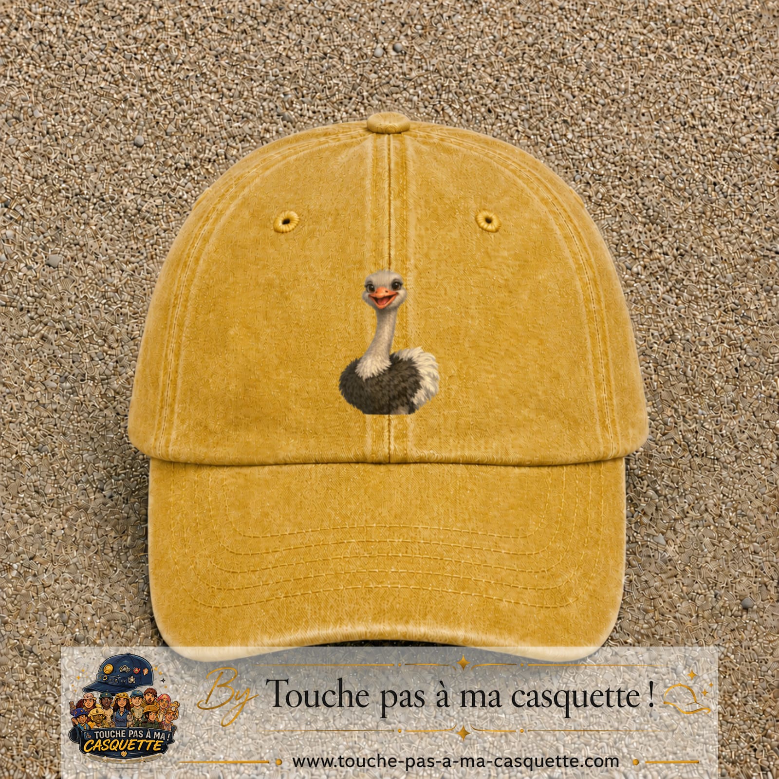 Casquette Jaune délavé - Moutarde délavé 100% coton avec motif Autruche souriante 7 cm - image principale
