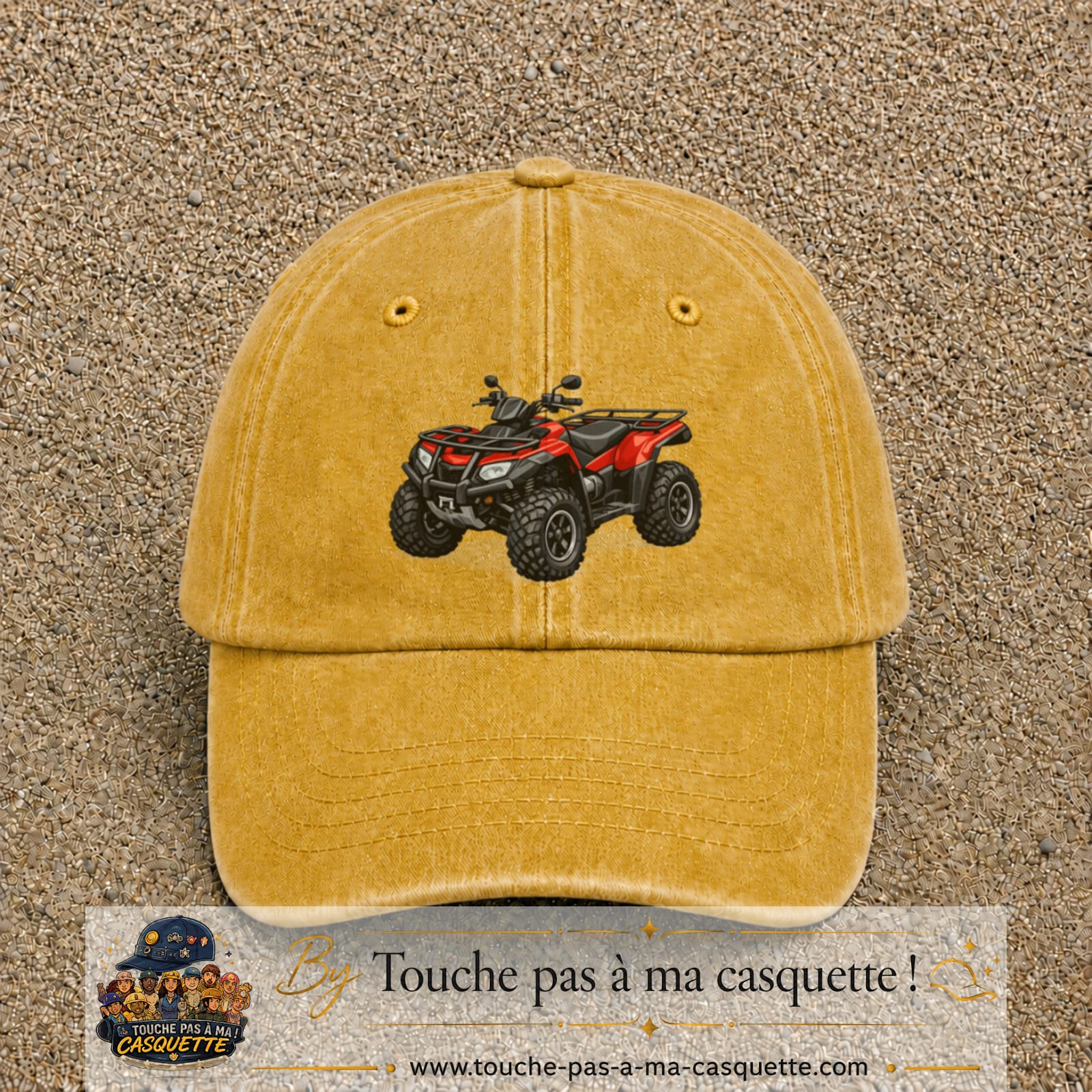 Casquette Jaune délavé - Moutarde délavé 100% coton avec motif Quad rouge tout-terrain 7 cm - image principale