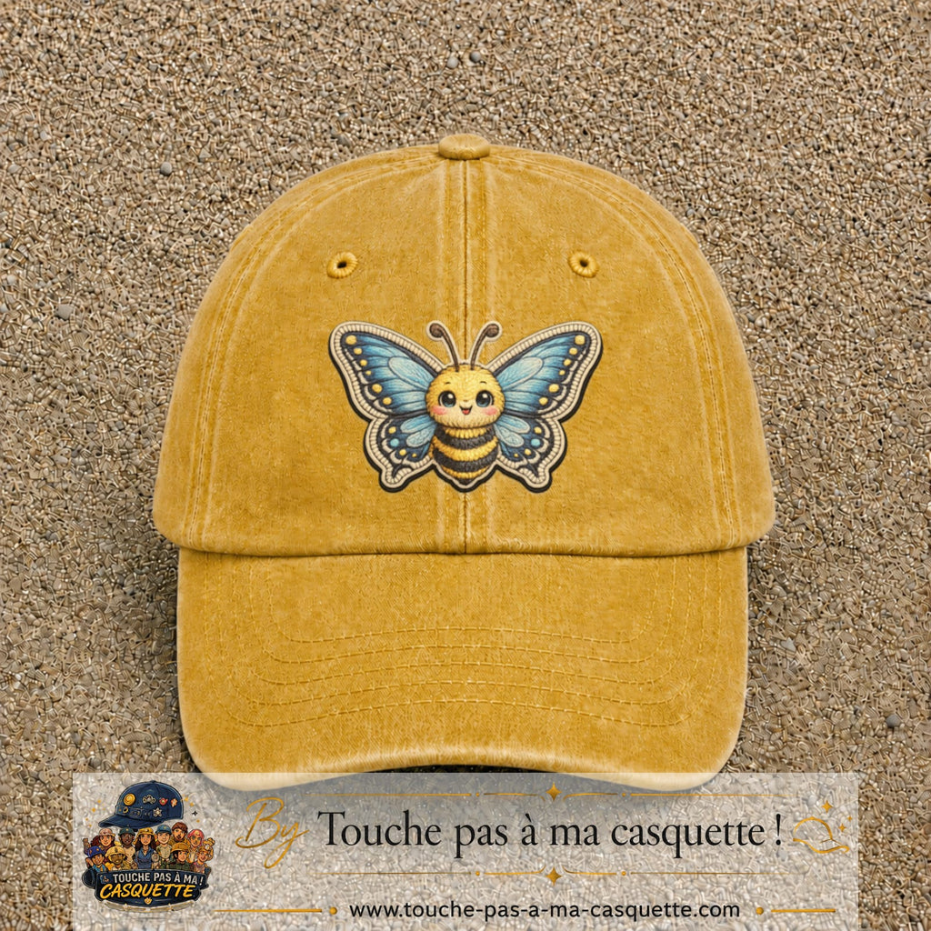 Casquette Jaune délavé - Moutarde délavé motif Abeille papillon 7 cm - vue principale