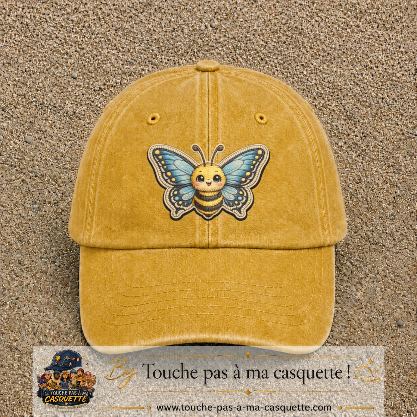 Casquette Jaune délavé - Moutarde délavé motif Abeille papillon 7 cm - vue principale