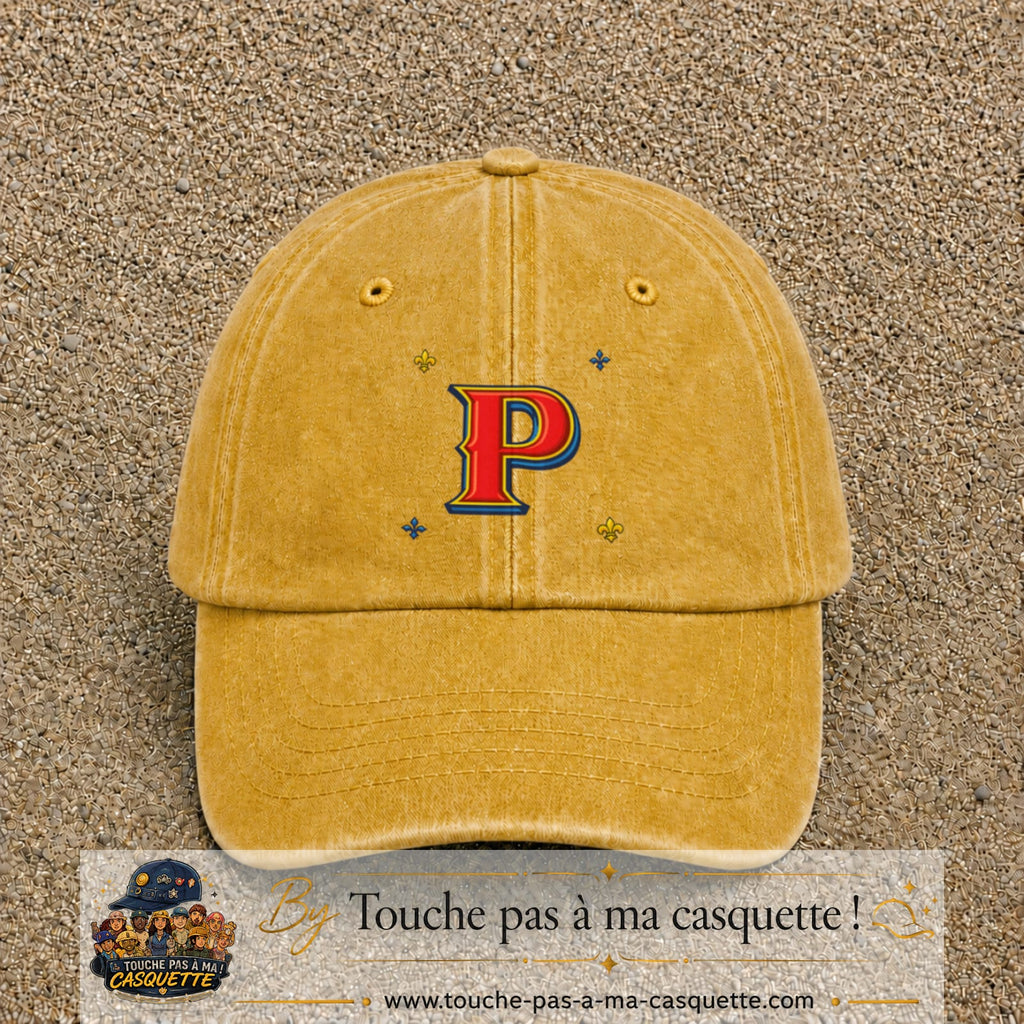 Casquette Jaune délavé - Moutarde délavé 100% coton avec motif Lettre P rouge et bleu 7 cm - image principale