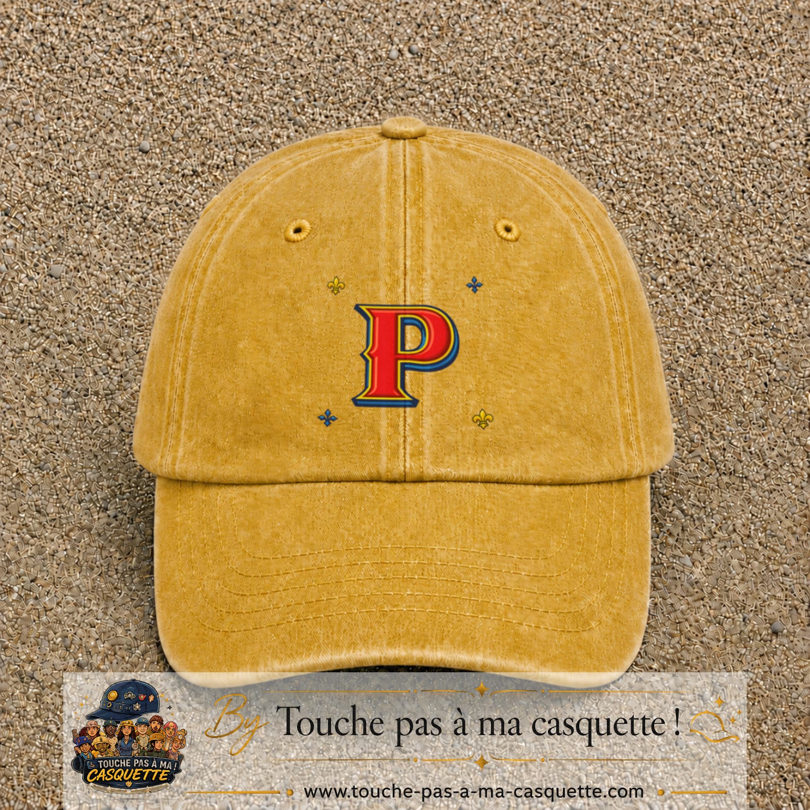 Casquette Jaune délavé - Moutarde délavé 100% coton avec motif Lettre P rouge et bleu 7 cm - image principale