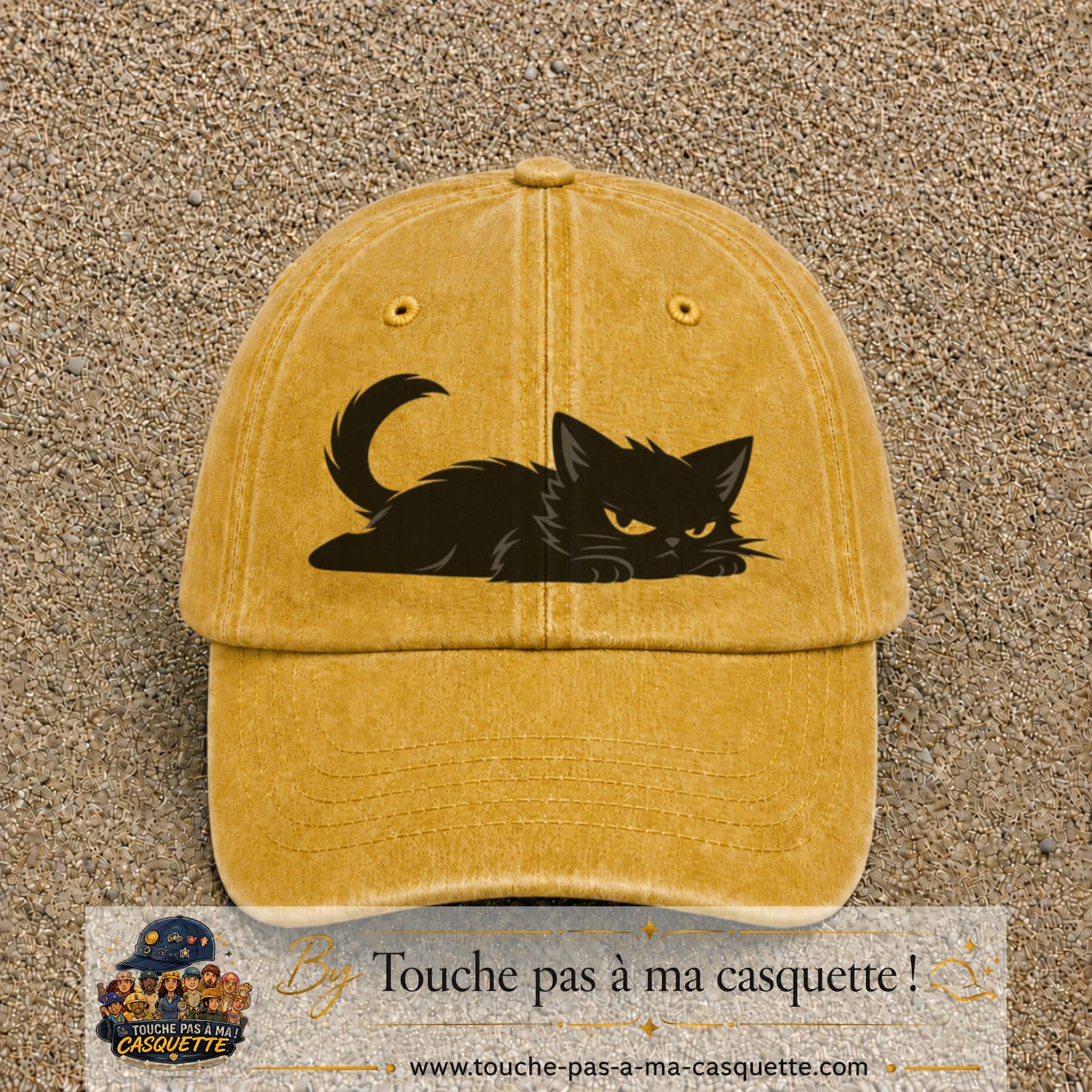 Casquette baseball Jaune délavé - Moutarde délavé 100% coton avec visuel Chat noir couché 7 cm - image produit principale