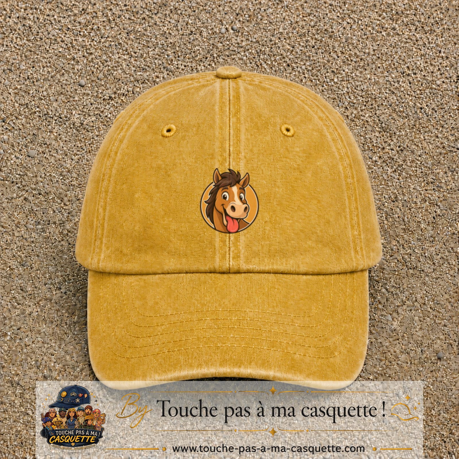 Casquette baseball Jaune délavé - Moutarde délavé 100% coton avec visuel Cheval langue tirée 5 cm - image produit principale