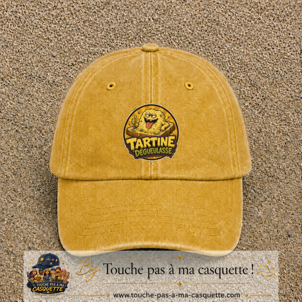 Casquette baseball Jaune délavé - Moutarde délavé 100% coton avec visuel Tartine dégueulasse 7 cm - image produit principale