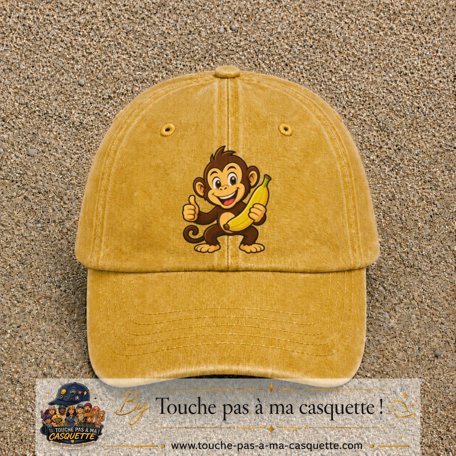 Casquette baseball Jaune délavé - Moutarde délavé 100% coton avec motif Singe à la banane 7 cm - image principale