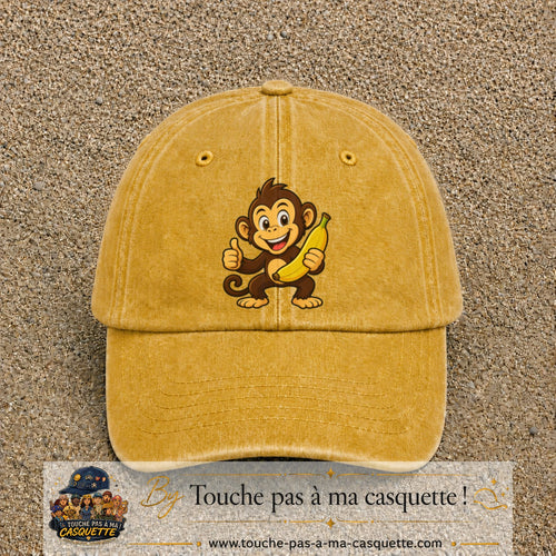 Casquette baseball Jaune délavé - Moutarde délavé 100% coton avec motif Singe à la banane 7 cm - image principale