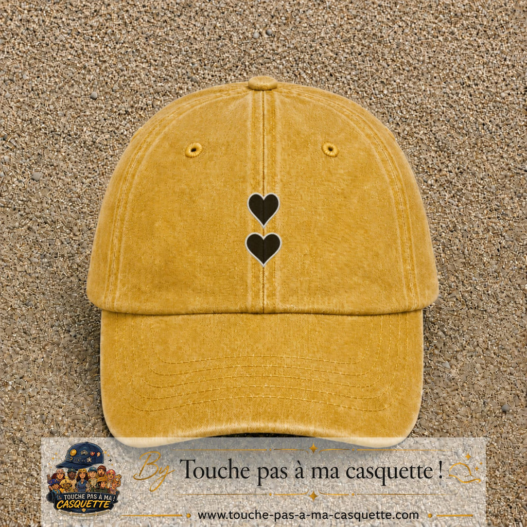 Casquette baseball Jaune délavé - Moutarde délavé 100% coton avec visuel Deux cœurs noirs 5 cm - image produit principale