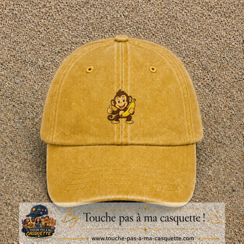Casquette baseball Jaune délavé - Moutarde délavé 100% coton avec motif Singe à la banane 3 cm - image principale