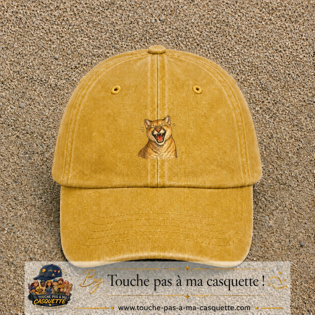 Casquette Jaune délavé - Moutarde délavé 100% coton avec motif Félin sauvage qui rit 5 cm - image principale