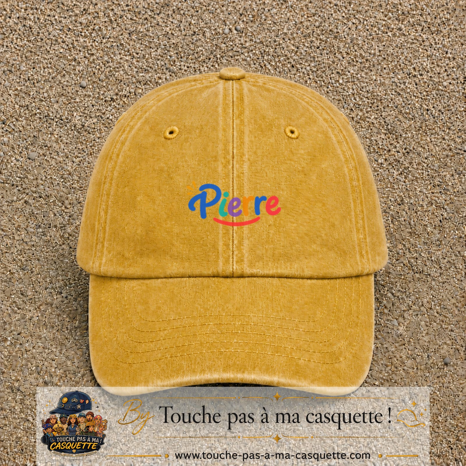 Casquette baseball Jaune délavé - Moutarde délavé 100% coton avec visuel Prénom Pierre coloré 3 cm - image produit principale