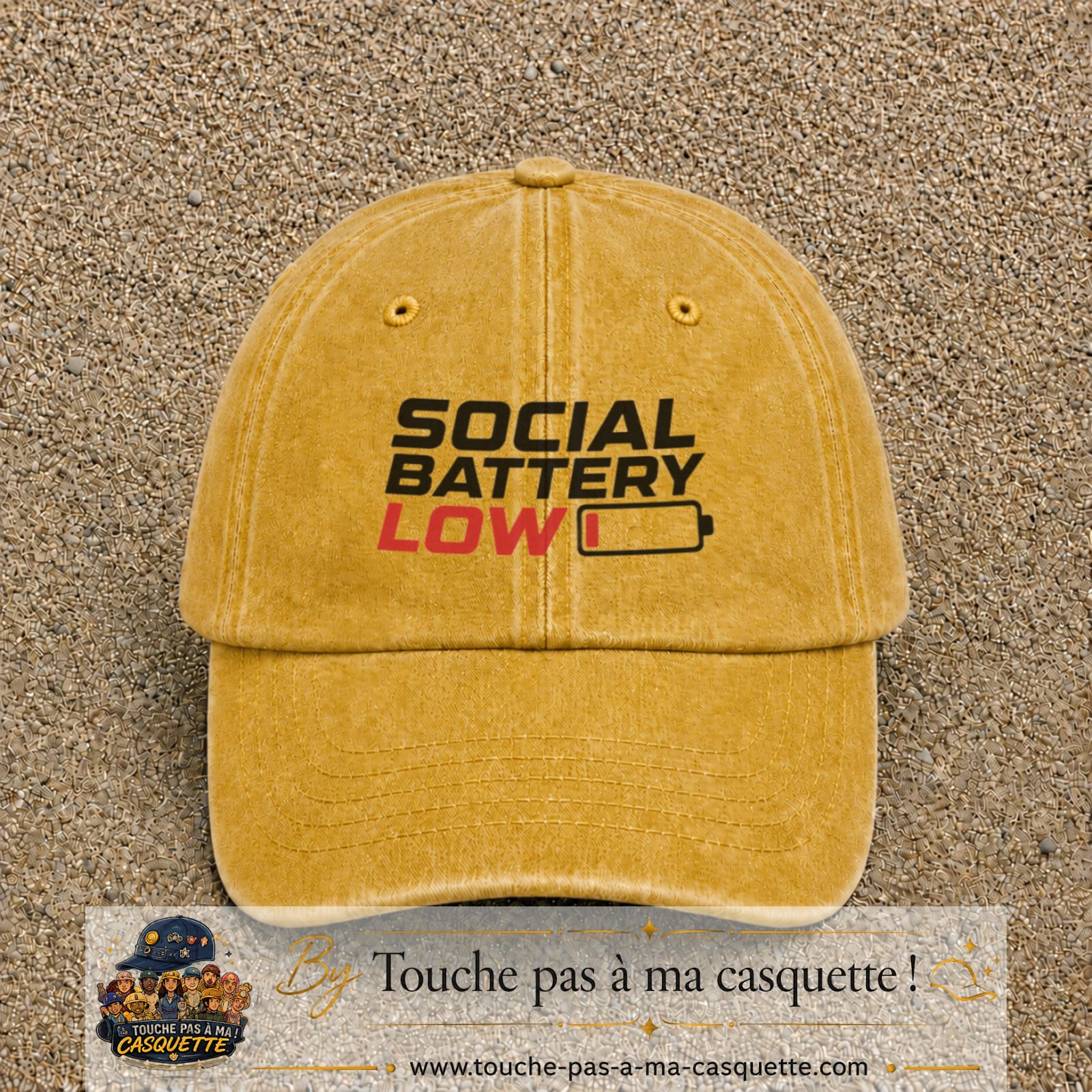 Casquette Jaune délavé - Moutarde délavé 100% coton avec motif Social Battery Low 7 cm - image principale