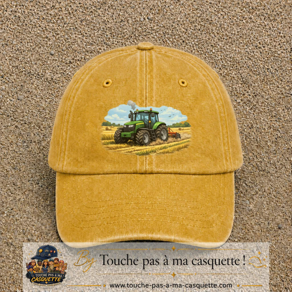 Casquette baseball Jaune délavé - Moutarde délavé 100% coton avec motif Tracteur agricole 7 cm - image principale