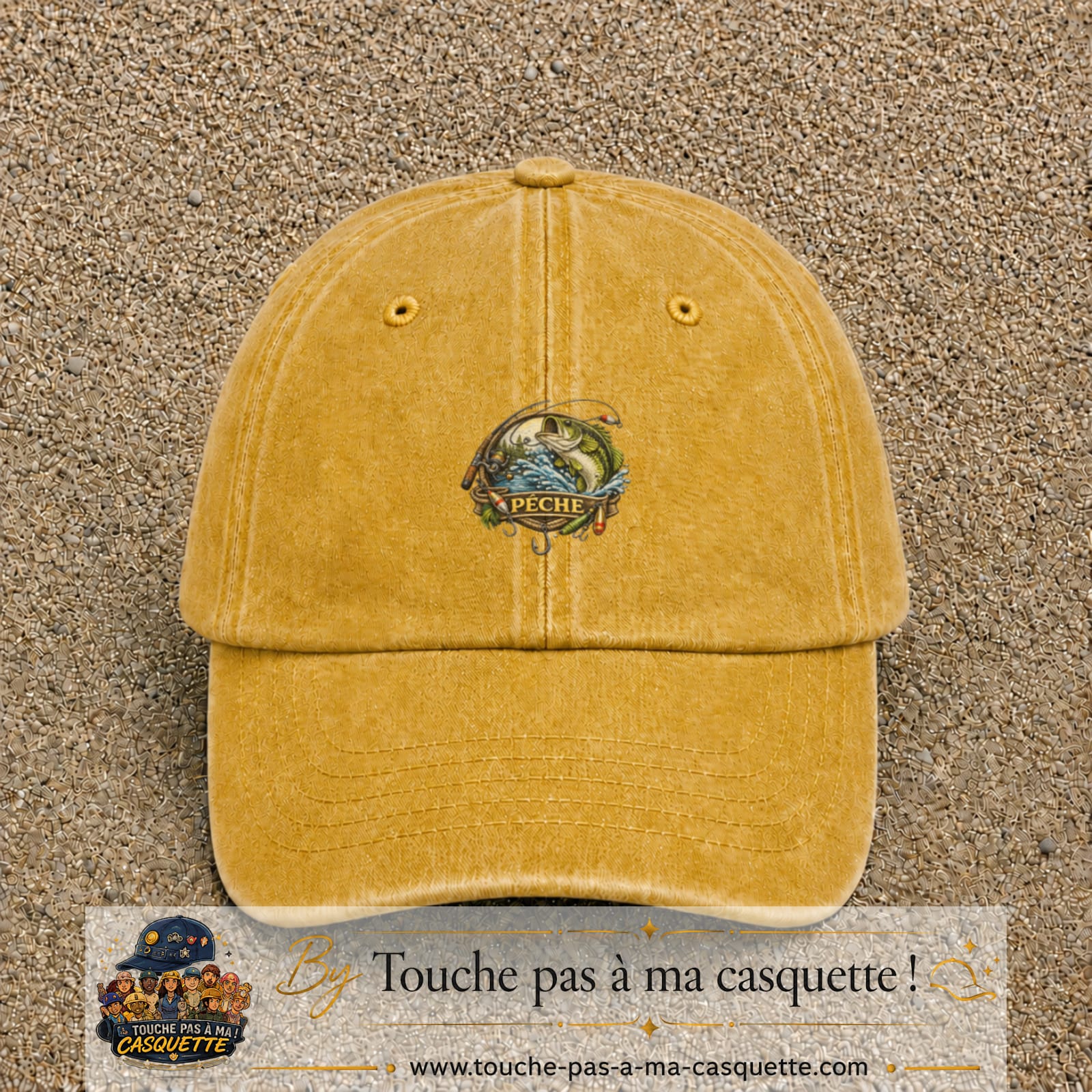 Casquette Jaune délavé - Moutarde délavé motif Pêche passion 5 cm - vue principale