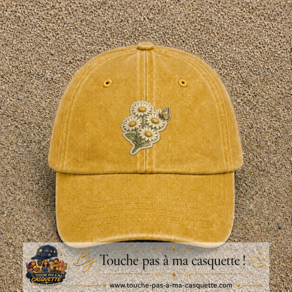 Casquette Jaune délavé - Moutarde délavé motif Marguerites avec papillon 7 cm - vue principale