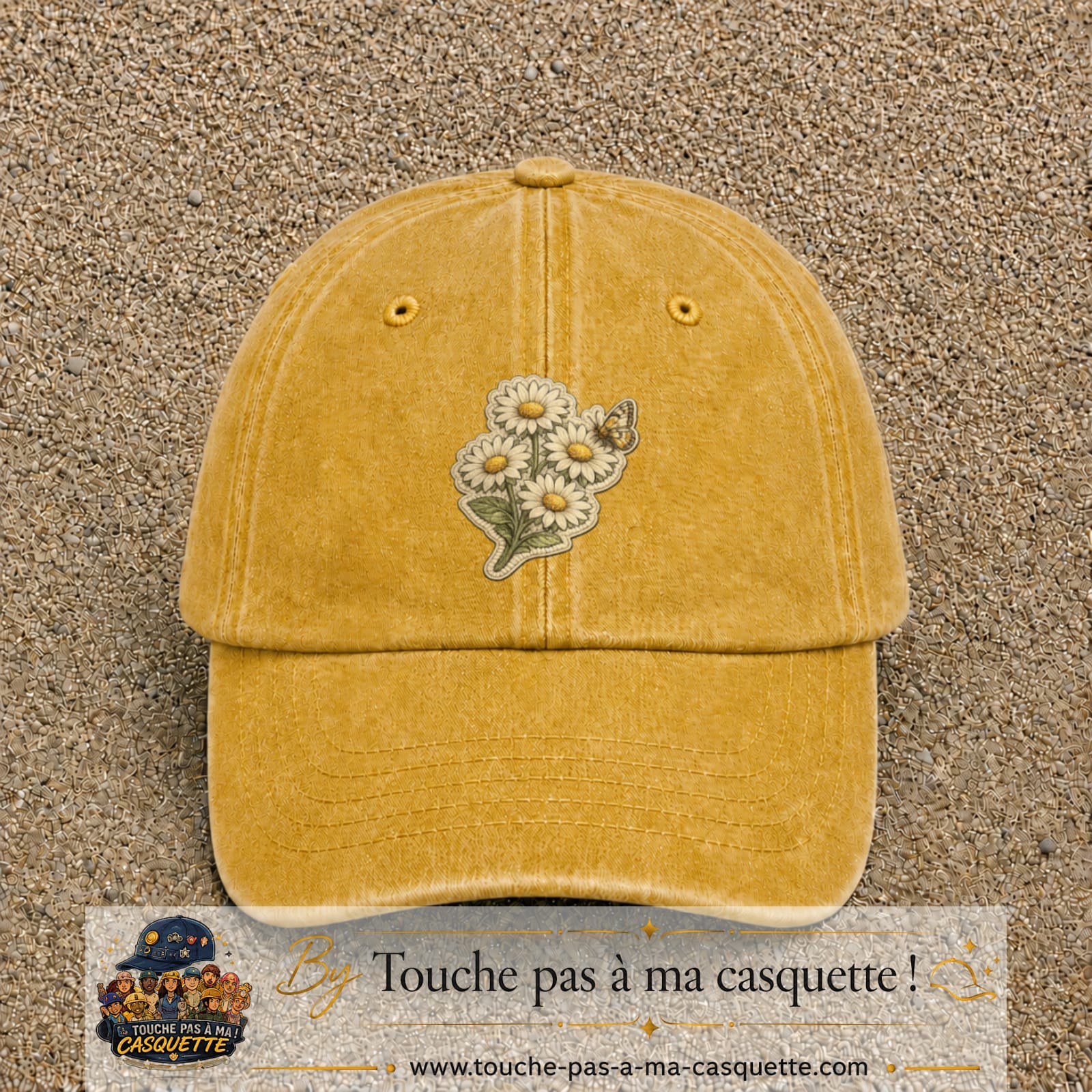 Casquette Jaune délavé - Moutarde délavé motif Marguerites avec papillon 7 cm - vue principale