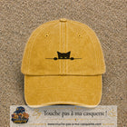 Casquette baseball Jaune délavé - Moutarde délavé 100% coton avec visuel Chat noir curieux 3 cm - image produit principale