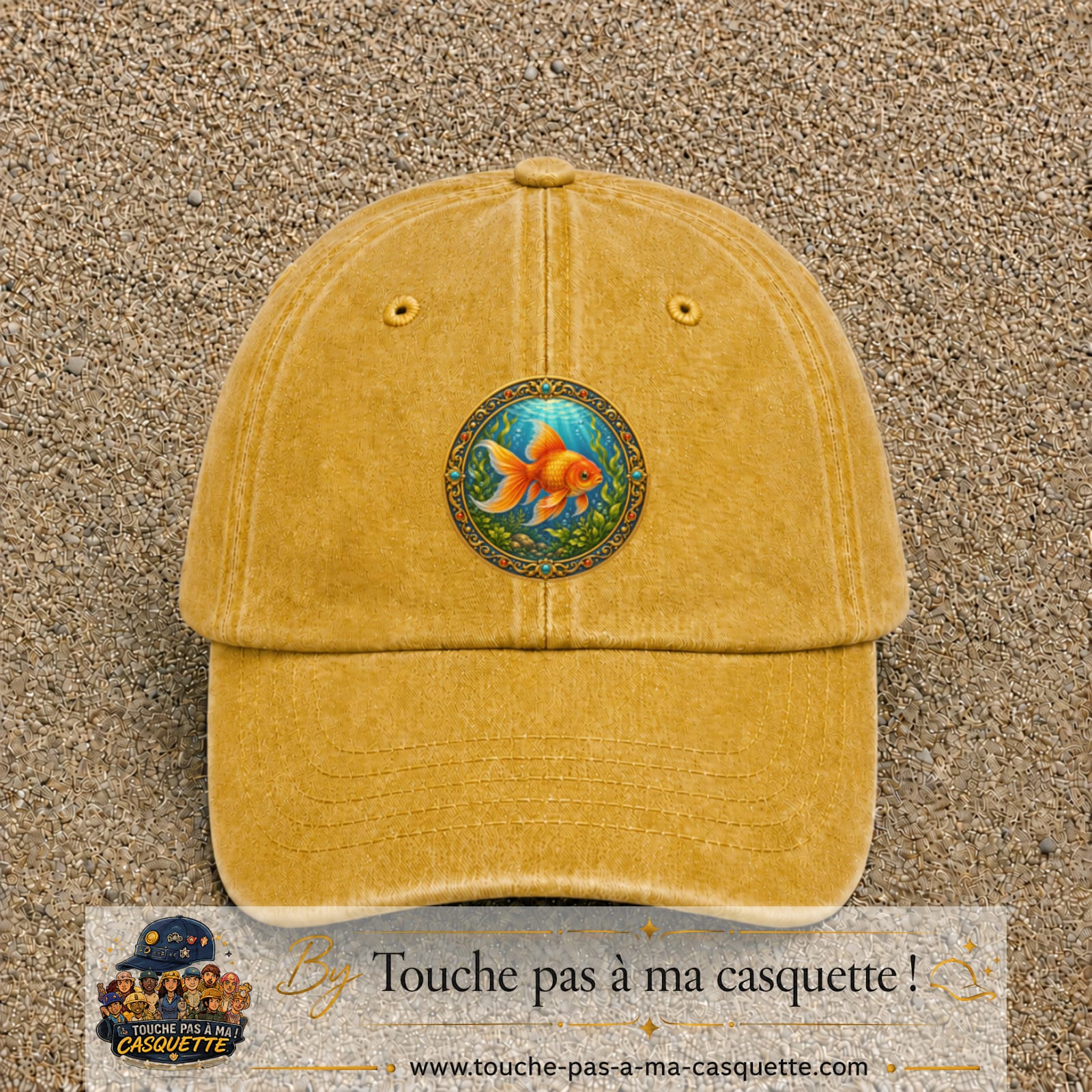 Casquette baseball Jaune délavé - Moutarde délavé 100% coton avec visuel Poisson rouge aquarium 7 cm - image produit principale