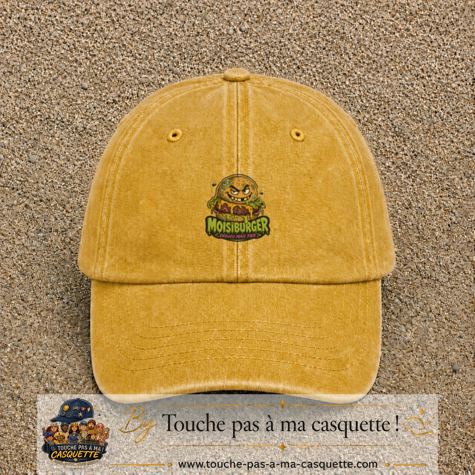 Casquette baseball Jaune délavé - Moutarde délavé 100% coton avec visuel Moistburger dégueu mais fier 5 cm - image produit principale