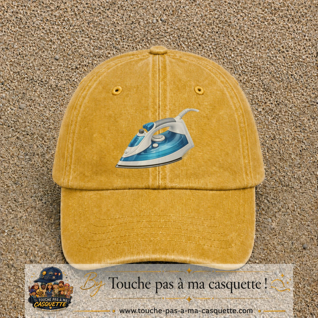 Casquette Jaune délavé - Moutarde délavé 100% coton avec motif Fer à repasser bleu 7 cm - image principale