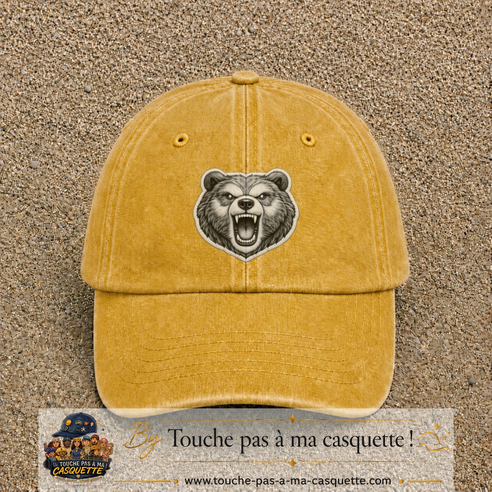Casquette Jaune délavé - Moutarde délavé motif Ours rugissant 7 cm - vue principale