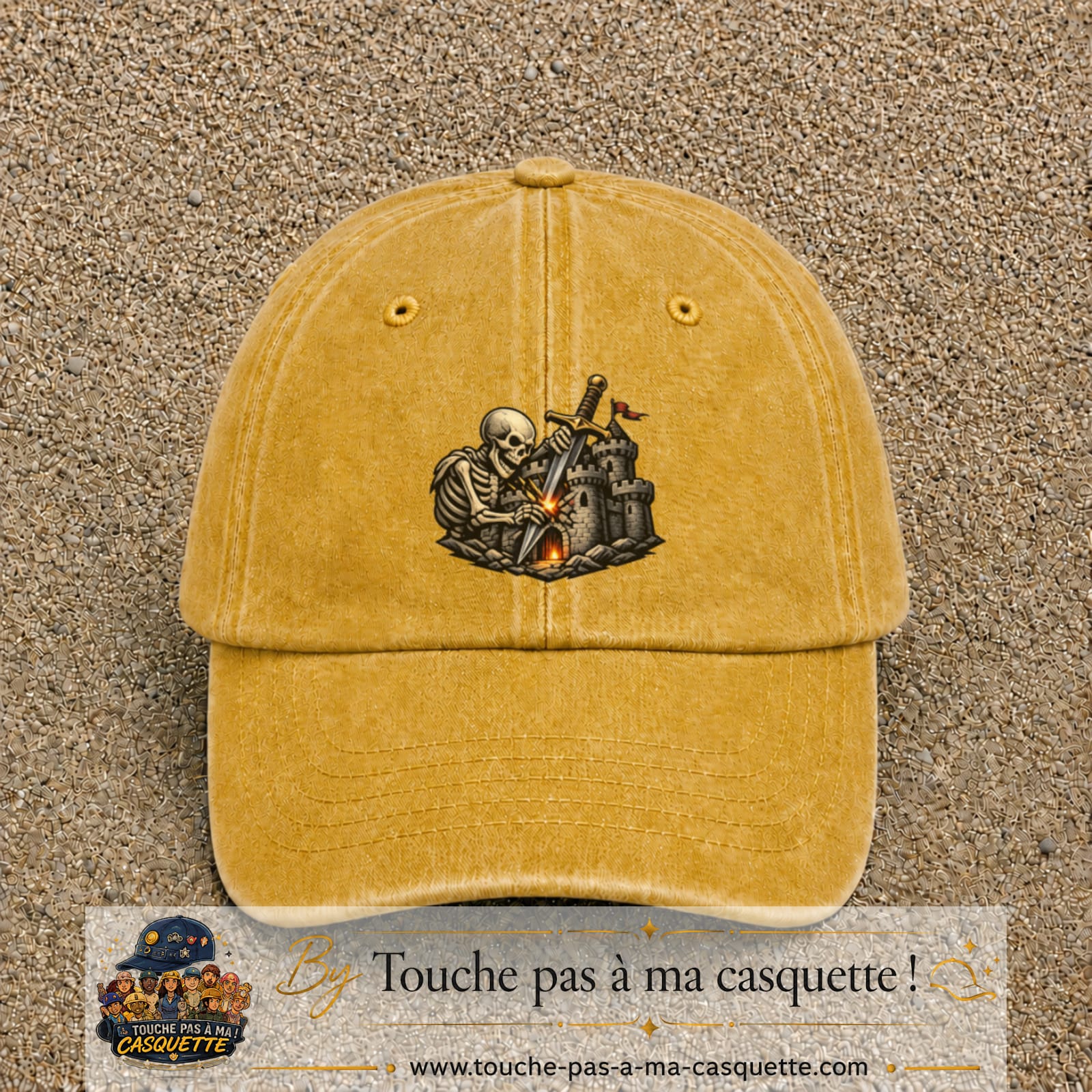 Casquette Jaune délavé - Moutarde délavé 100% coton avec motif Squelette chevalier château 7 cm - image principale