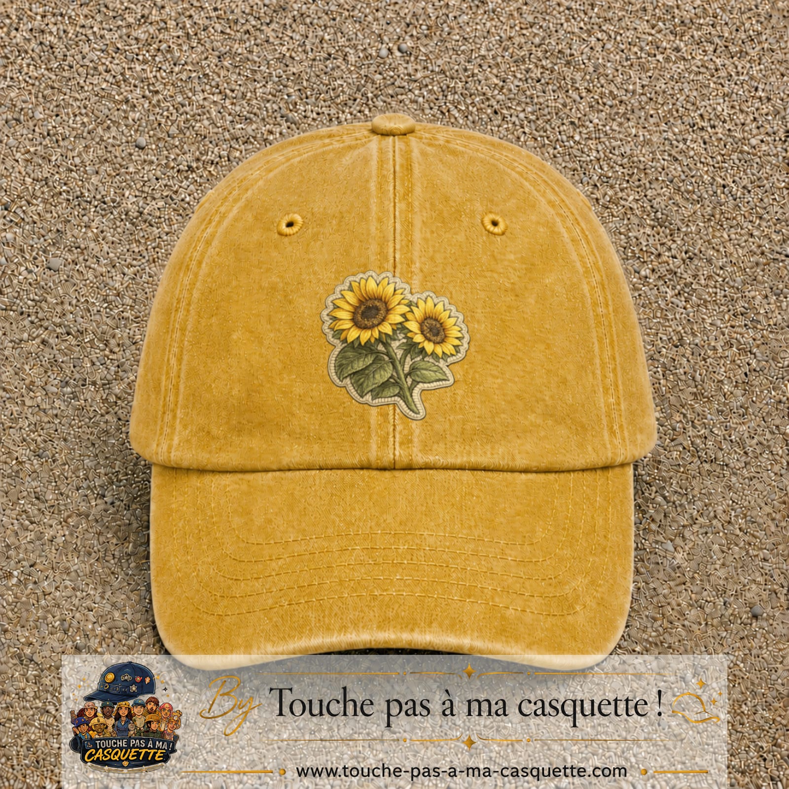 Casquette Jaune délavé - Moutarde délavé motif Duo de tournesols 7 cm - vue principale