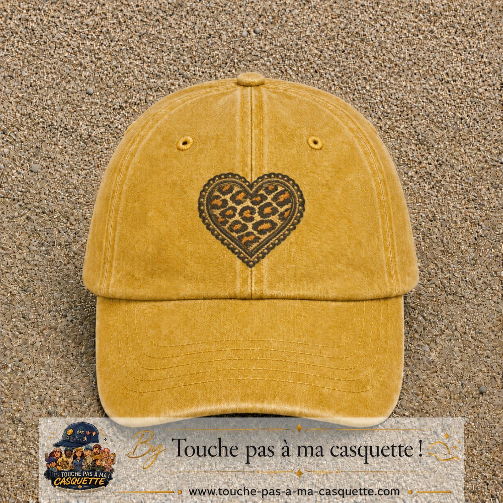 Casquette Jaune délavé - Moutarde délavé motif Cœur léopard perlé 7 cm - vue principale