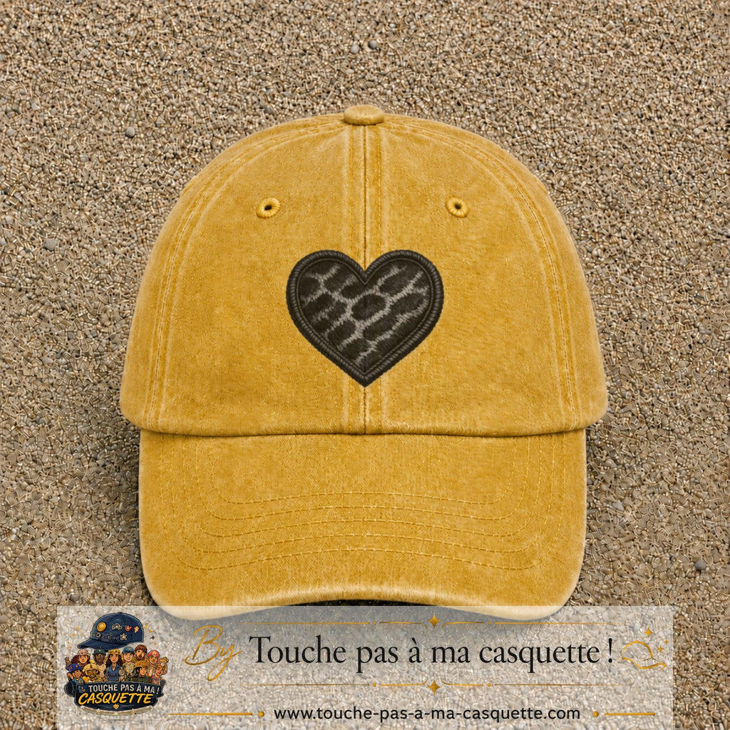 Casquette Jaune délavé - Moutarde délavé motif Cœur félin 7 cm - vue principale