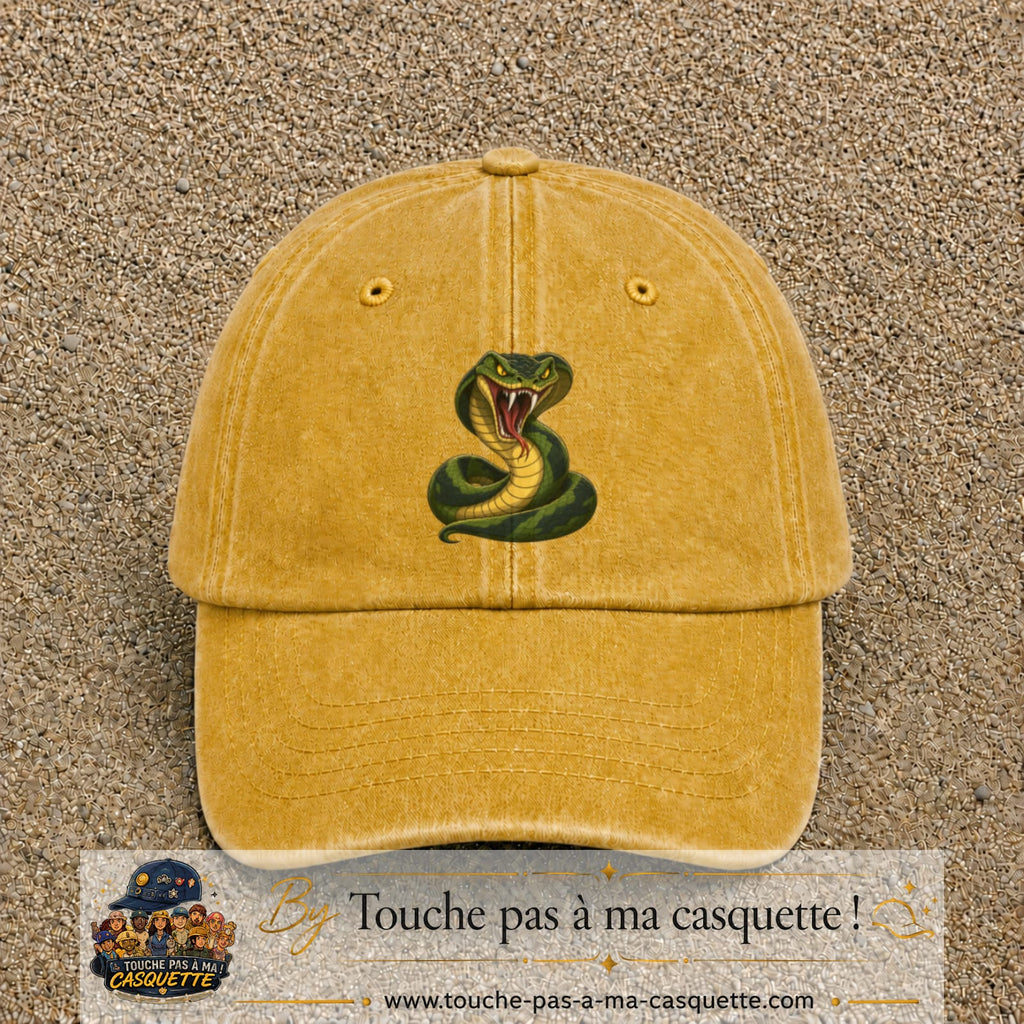 Casquette baseball Jaune délavé - Moutarde délavé 100% coton avec visuel Cobra cartoon 7 cm - image produit principale