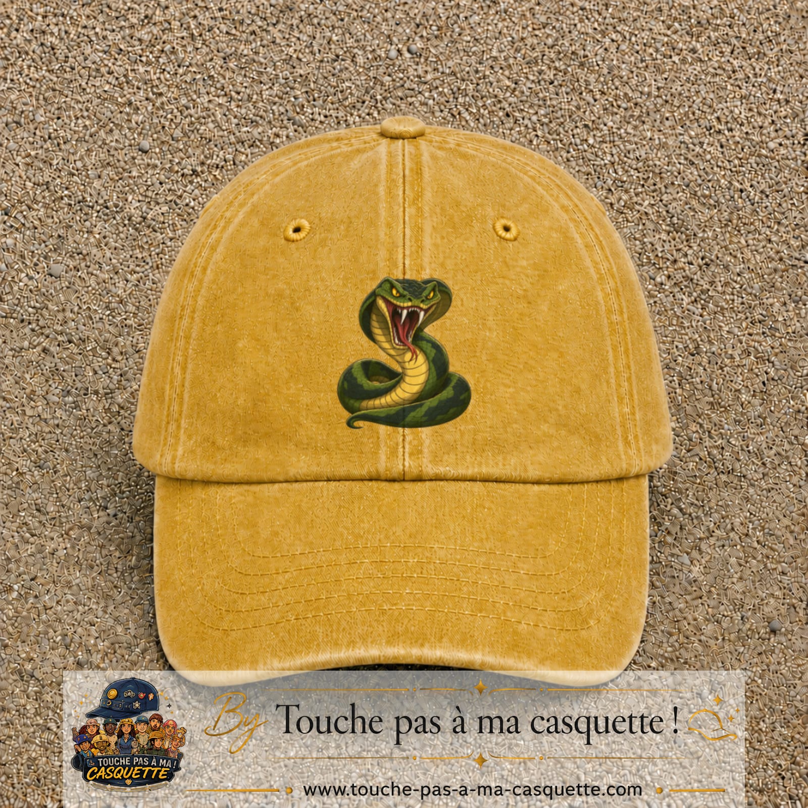 Casquette baseball Jaune délavé - Moutarde délavé 100% coton avec visuel Cobra cartoon 7 cm - image produit principale