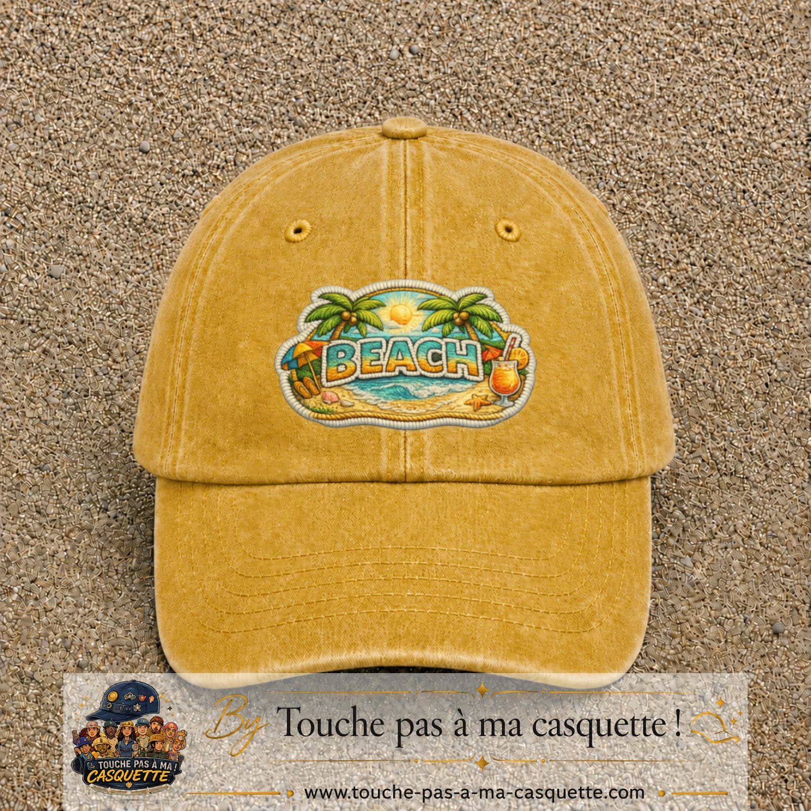 Casquette Jaune délavé - Moutarde délavé motif Plage tropicale Beach 7 cm - vue principale