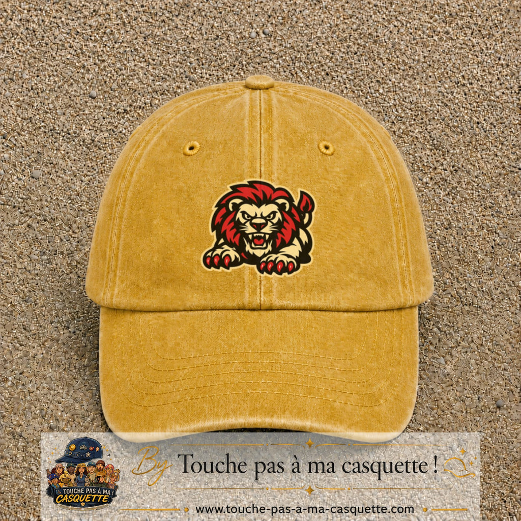 Casquette Jaune délavé - Moutarde délavé 100% coton avec motif Lion rouge rugissant 7 cm - image principale