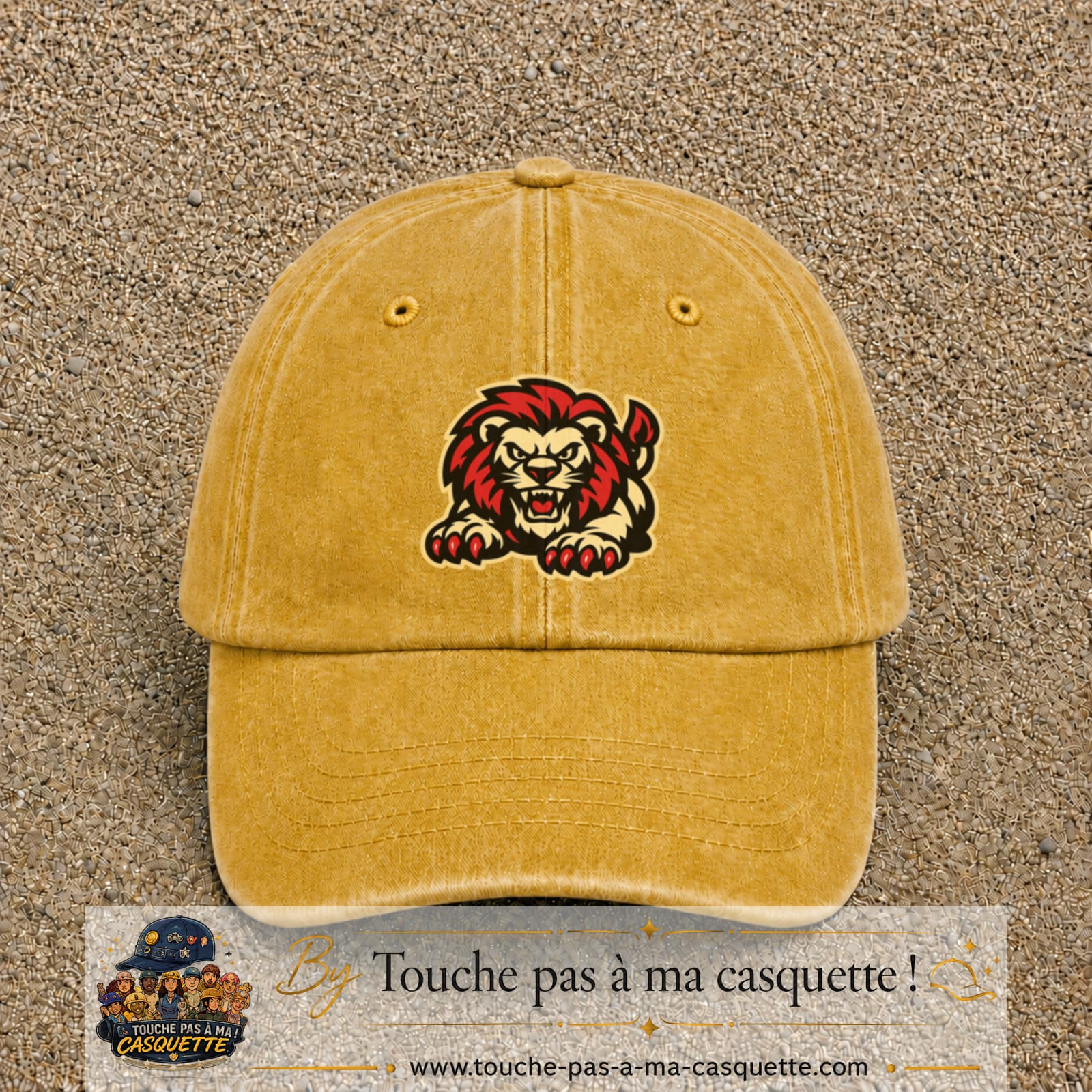Casquette Jaune délavé - Moutarde délavé 100% coton avec motif Lion rouge rugissant 7 cm - image principale