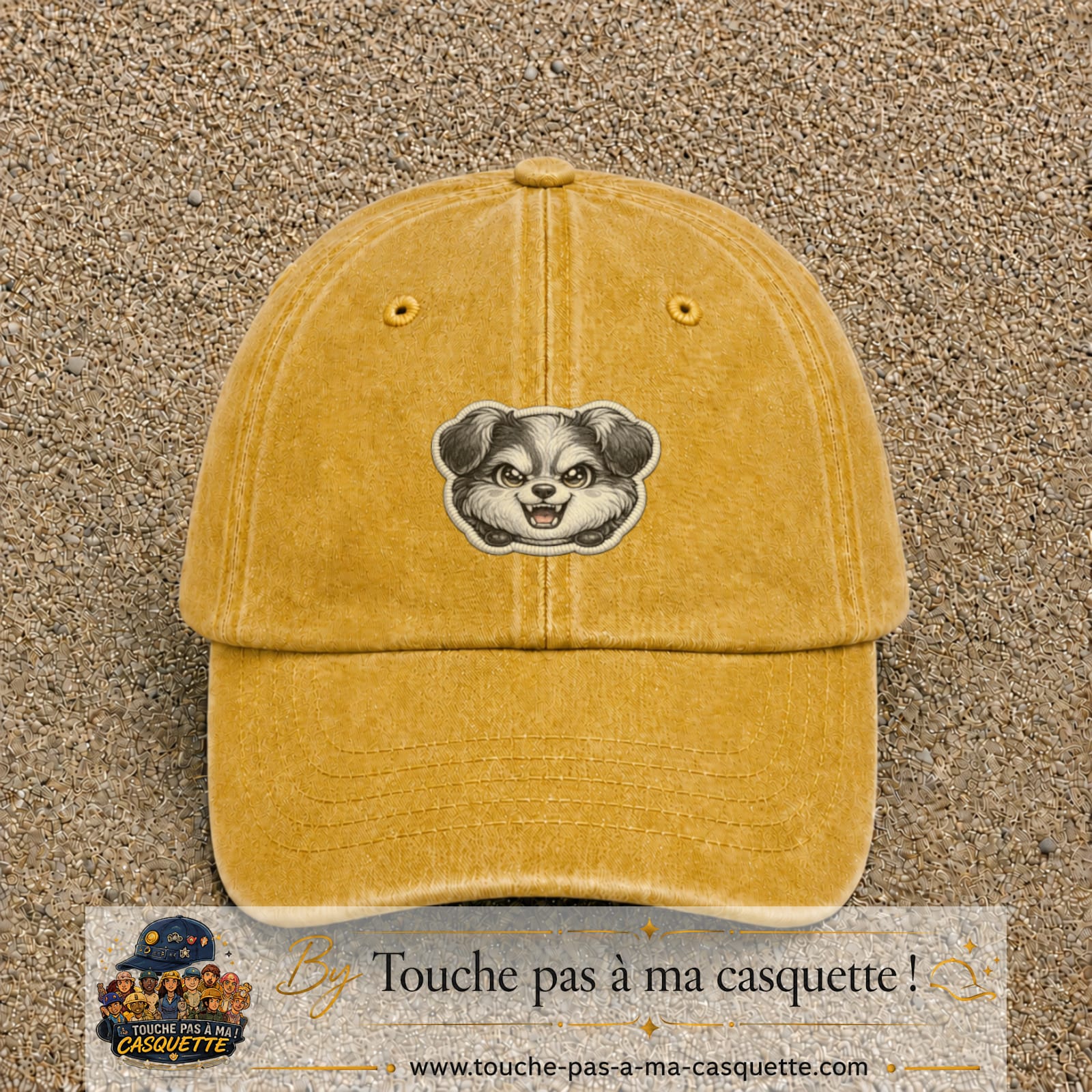 Casquette Jaune délavé - Moutarde délavé motif Chien rieur 5 cm - vue principale